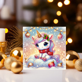 Einhorn auf einer Wolke mit Weihnachtsschmuck Feiertagskarte