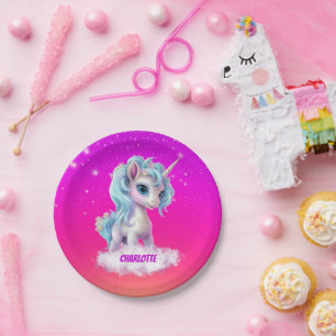 Einhorn auf Namenswolke rosa Himmel Pappteller