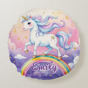Einhorn auf Regenbogen bearbeitbarer Name Rundkiss Rundes Kissen