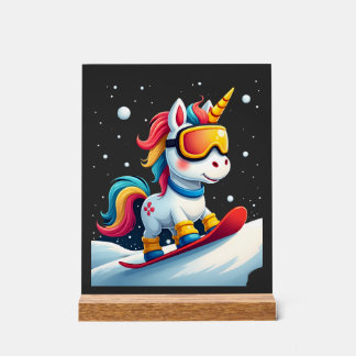 Einhorn auf Schneebrett - Lustiger Ski- und Winter Acrylschild