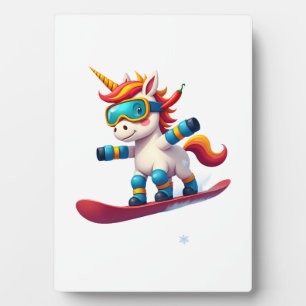 Einhorn auf Schneebrett - Lustiger Ski- und Winter Fotoplatte