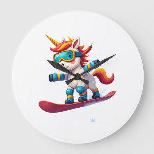 Einhorn auf Schneebrett - Lustiger Ski- und Winter Große Wanduhr