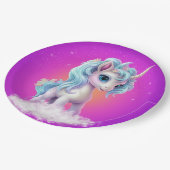 Einhorn auf Wolke mit rosa, lebhaftem Himmel Pappteller (Schrägansicht)