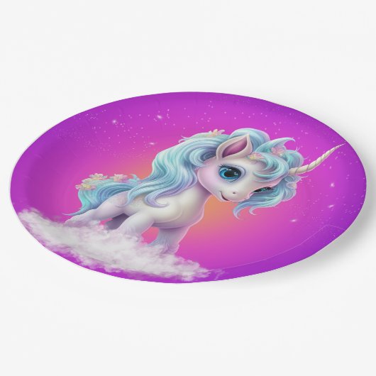 Einhorn auf Wolke mit rosa, lebhaftem Himmel Pappteller (Schrägansicht)