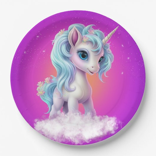Einhorn auf Wolke mit rosa, lebhaftem Himmel Pappteller (Vorderseite)