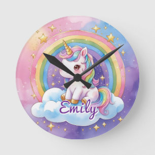 Einhorn auf Wolken Namensuhr editierbar Runde Wanduhr