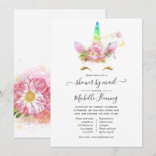 Einhorn-Baby-Shower mit rosa Blumen und Regenbogen Einladung