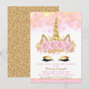 Einhorn-Babyparty Rosa Gold Einhorn Gesicht Einladung