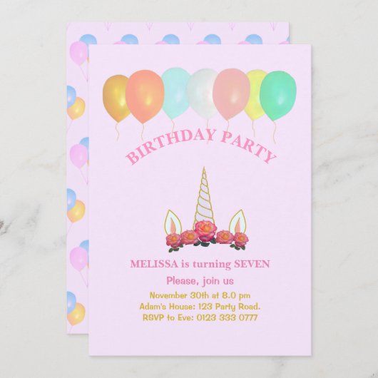 Einhorn & Balloons Einladung zum Geburtstag (Vorne/Hinten)