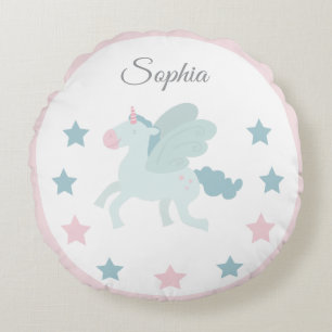 Einhorn benutzerdefinierter Name Cute Pink Blau  Rundes Kissen