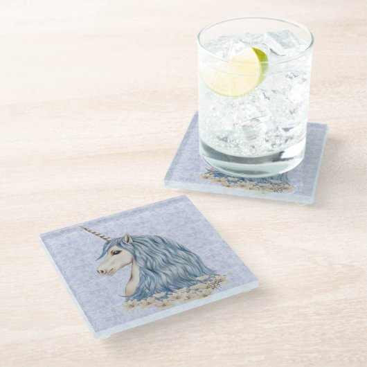 Einhorn-Blau-Haar Glasuntersetzer (Schrägansicht)