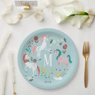Einhorn blau süße magische Mädchen Monogramm Gebur Pappteller