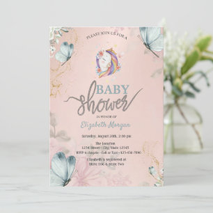 Einhorn Blaue Schmetterlinge Baby Shower Einladung