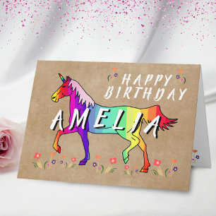 Einhorn-Blume-Altes-Papier-Mädchen-Happy-Birthday Karte
