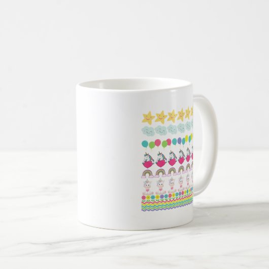 Einhorn, Blume, Balloons, Wolken, Sonne und Regenb Kaffeetasse (VorderseiteRechts)
