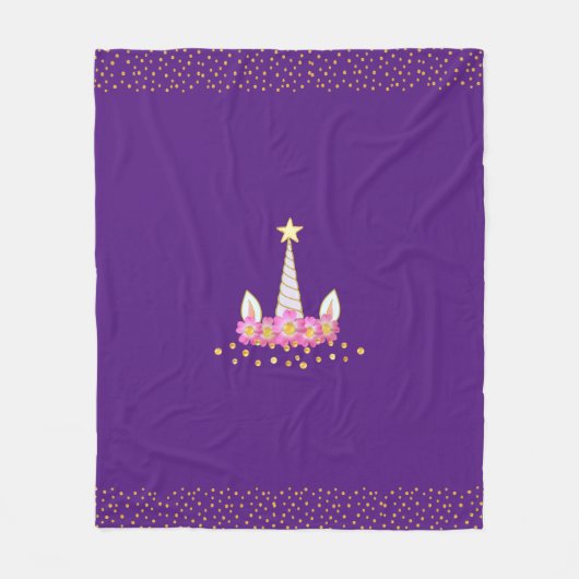 Einhorn, Blume & goldene Konfetti auf königlichen Fleecedecke (Vorderseite)