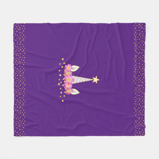 Einhorn, Blume & goldene Konfetti auf königlichen Fleecedecke (Vorderseite (Horizontal))