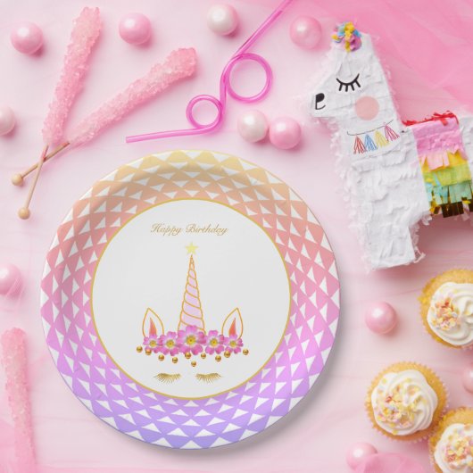 Einhorn, Blume, Goldfetti auf Pastellfarben Pappteller (Party)