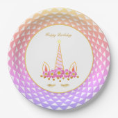 Einhorn, Blume, Goldfetti auf Pastellfarben Pappteller (Vorderseite)