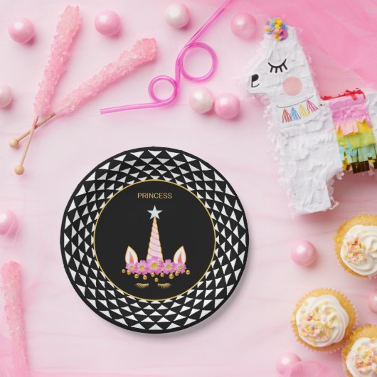 Einhorn, Blume, Goldkonfetti auf Schwarz und Weiß Pappteller (Party)