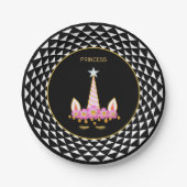 Einhorn, Blume, Goldkonfetti auf Schwarz und Weiß Pappteller (Vorderseite)