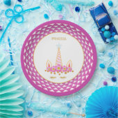 Einhorn, Blume, Goldkonfetti auf Weiß & Violett Pappteller (Party)