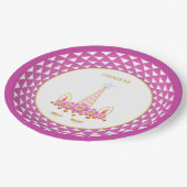 Einhorn, Blume, Goldkonfetti auf Weiß & Violett Pappteller (Schrägansicht)