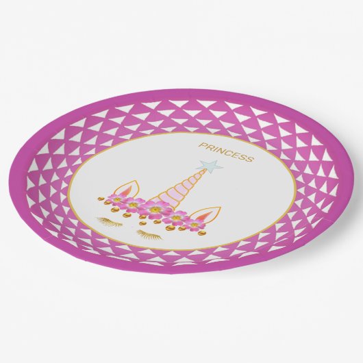 Einhorn, Blume, Goldkonfetti auf Weiß & Violett Pappteller (Schrägansicht)