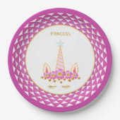 Einhorn, Blume, Goldkonfetti auf Weiß & Violett Pappteller (Vorderseite)