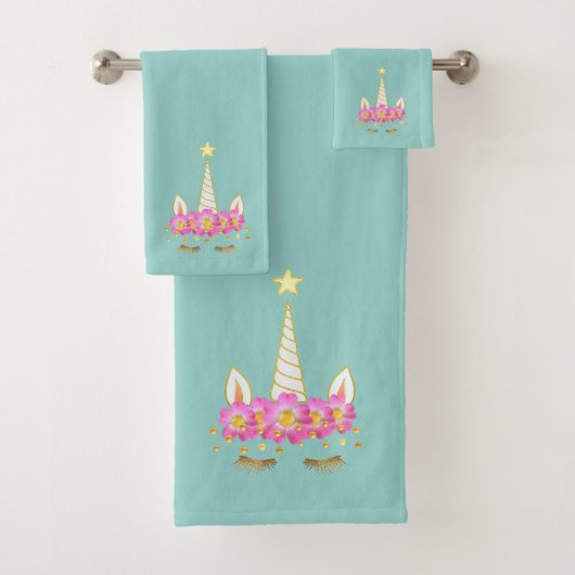 Einhorn, Blume & Goldschmuck auf Türkis Badhandtuch Set (Insitu)