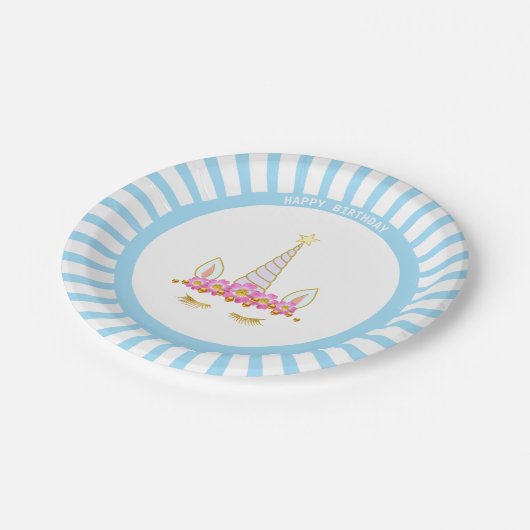 Einhorn, Blume & Rays on Light Blue Birthday Pappteller (Schrägansicht)