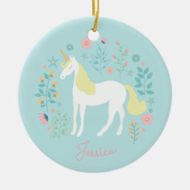 Einhorn-Blume Rosa Aqua Personalisiert Keramik Ornament