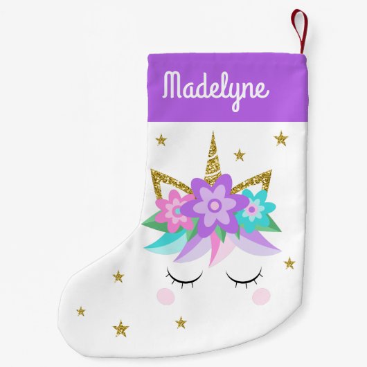 Einhorn-Blume Sterne Personalisierter Name Lila Kleiner Weihnachtsstrumpf (Rückseite)