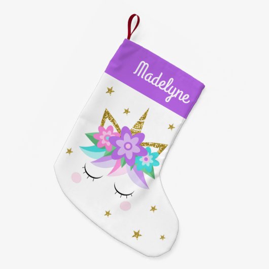 Einhorn-Blume Sterne Personalisierter Name Lila Kleiner Weihnachtsstrumpf (Vorderansicht (hängend))