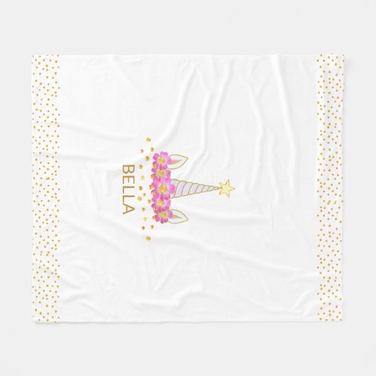 Einhorn, Blume und goldene Konfetti auf weißer Fle Fleecedecke (Vorderseite (Horizontal))