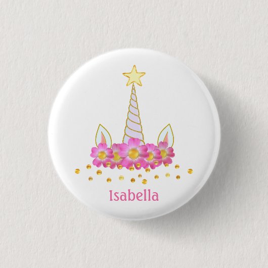 Einhorn, Blume und Goldkonfetti auf Weiß Button (Vorderseite)