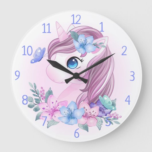 Einhorn, Blume und Schmetterlinge Große Wanduhr (Vorderseite)