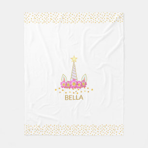 Einhorn, Blumen & goldenes Konfetti auf weißem Fle Fleecedecke