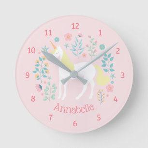 Einhorn & Blumen Rosa Personalisierter Name Runde Wanduhr