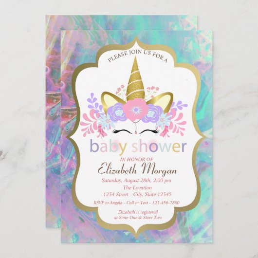 Einhorn, Blüte, Opal-Babydusche Einladung (Vorne/Hinten)