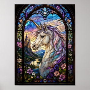 Einhorn-Buntglasfenster Fantasy-Kathedrale Kunst Poster