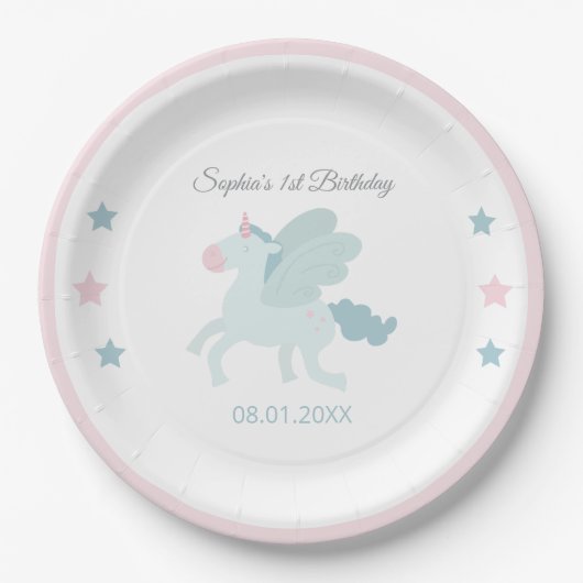 Einhorn Cute Pink Blau Danke Geburtstag Pappteller (Vorderseite)