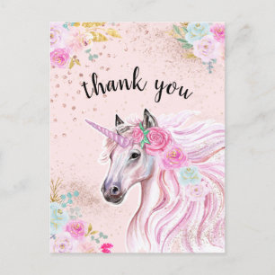 Einhorn Danke Rosa Türkis Blumen Gold Glitter Postkarte