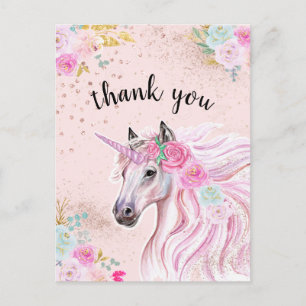 Einhorn Danke Rosa Türkis Blumen Gold Glitter Postkarte