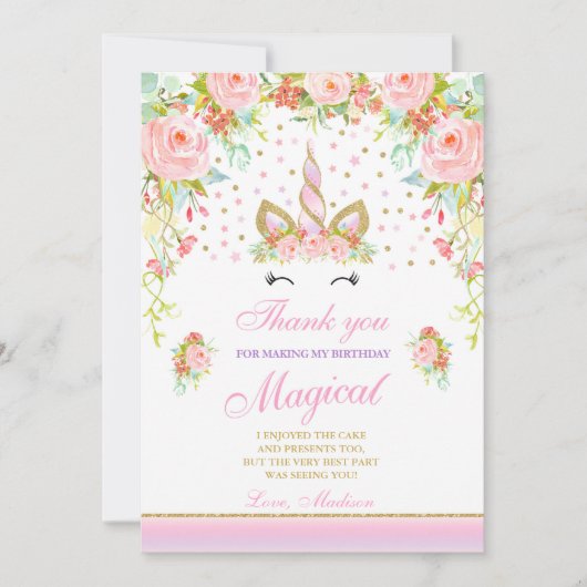 Einhorn danken Ihnen, rosa Goldmagisches Einhorn Dankeskarte (Vorderseite)