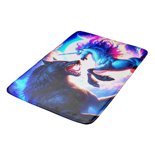 Einhorn, der einen Warewolf bekämpft Badematte (Schrägansicht)