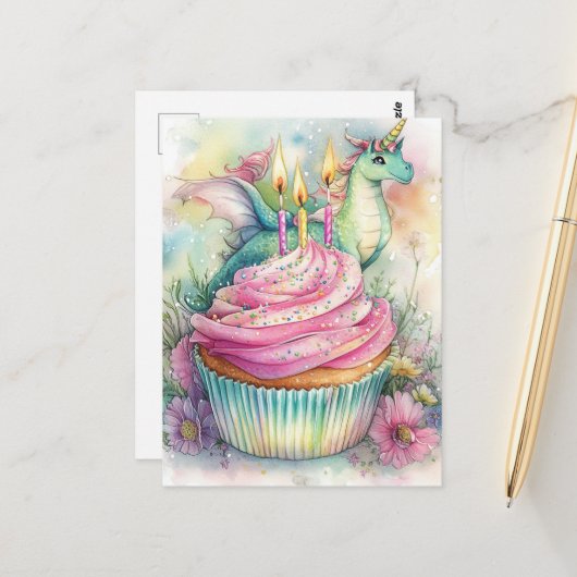 Einhorn-Drache mit Cupcake und Blumen Postkarte (Vorderseite/Rückseite Beispiel)