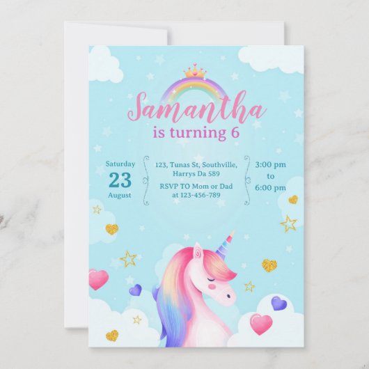 Einhorn Einladung (Vorderseite)