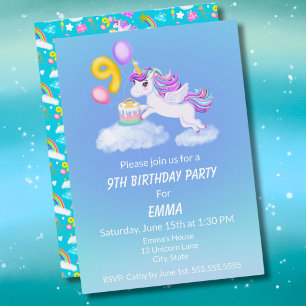Einhorn-Einladung zum 9. Geburtstag mit Kuchen Einladung