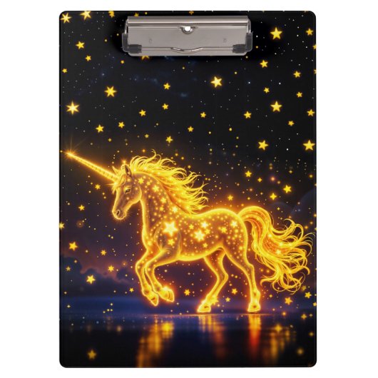 Einhorn-Fantasie Gold Leuchtsterne Klemmbrett (Vorderseite)